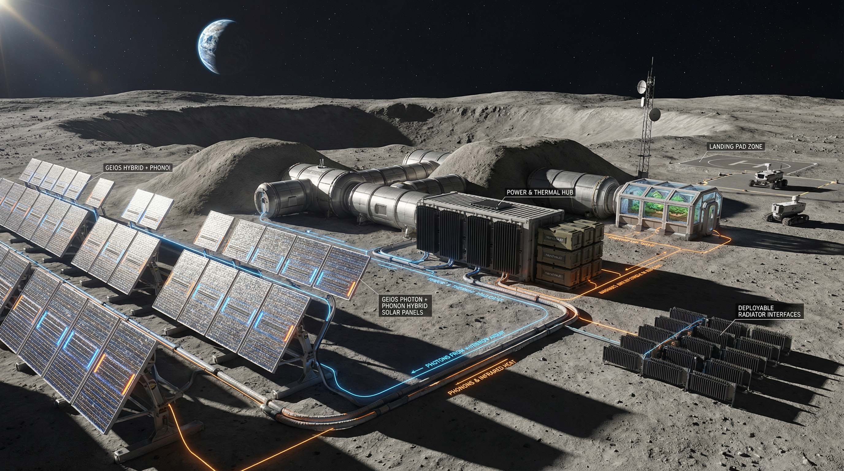 Annotated lunar installation showing GEIOS hybrid photon-phonon panels with power and thermal hub